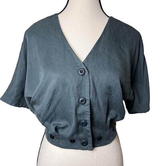 Vetta V-Neck Tencel Teal Dolman Short Sleeve Crop Top Shirt Size 2 - Picture 1 of 10